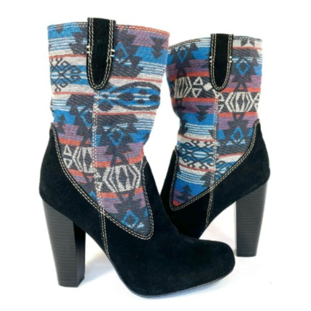 MIA Explorer Womens 10 Black Suede Aztec Western Heeled Mid Calf Boots